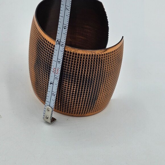 Textured Grid Solid Copper Wide Open Cuff Chunky Bracelet Adjustable - Picture 6 of 10
